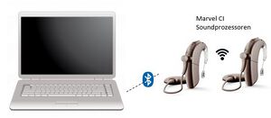 Schematische Darstellung von zwei Marvel Soundprozessoren, die per Bluetooth mit einem Laptop gekoppelt sind.