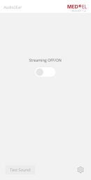Startseite der App Audio2Ear mit Einschaltfunktion für Streaming und Testsound