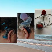 Drei Bilder mit Schwimm-Kits am Kopf mit Hintergrund Meer