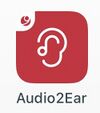 Symbol für Audio2Ear App. Rotes Quadrat mit abgerundeten Ecken und einem symbolischen Ohr